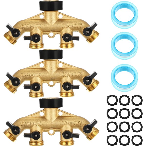 3 Pcs Brass Garden Hose Splitter 4 Way Heavy Duty
