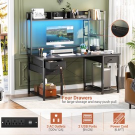 Aheaplus Desk with LED and Outlets, Gaming Desk with Hutch, 47.2'' Computer Desk with Drawers, Reversible Office Desk with Storage Bookshelf Large Workstation Desk with Shelf, Desk for Home, Black