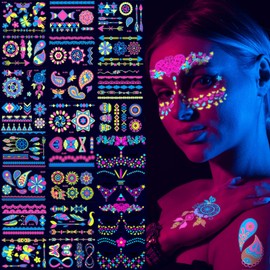 24 Sheets Neon Temporary Tattoos, Fluorescent Tattoo Glow in The Dark Stickers, 180 Individual Patterns UV Neon Party Accessories for Women, B