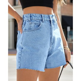 Flvsun Women's High Waisted Jean Shorts 2025 Summer Baggy Stretchy Wide Leg Raw Hem Mom Denim Shorts (US, Alpha, Large, Regular, Regular, Light Blue)