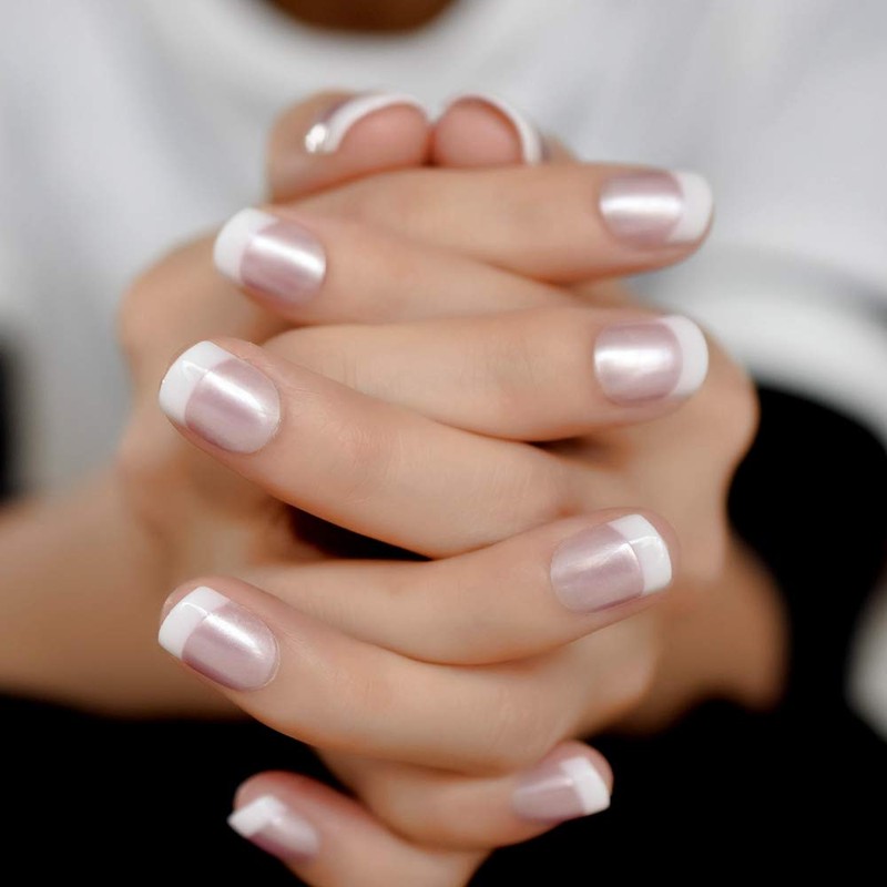Pearl Shine - Uñas postizas redondas blancas con pestañas adhesivas