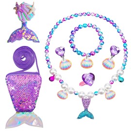 Pack of 7 Mermaid Jewellery, Mermaid Girls Bag Necklace Earrings Bracelet Rings Hair Clip, Children's Jewellery Mermaid Jewellery Girls, Mermaid Accessories for Party Dress Up Gift, Synthesis, No