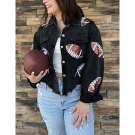 SeekMe Women's Cropped Corduroy Jacket Football Sequin Patched Short Button Raw Hem Jacket Coat(1756-Black-L-FY)