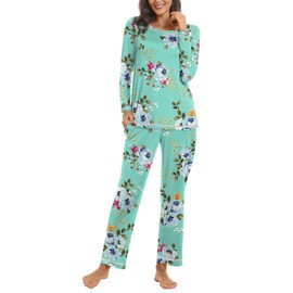 Netsmile 2024 Women's Pajama Set Long Sleeve Lounge Two Piece Cute Tops and Pants Loose Fit Soft Sleepwear, XL, Mint Green
