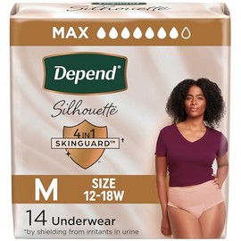 Ropa interior para mujeres adultas Depend Silhouette para incontinencia y pérdidas de vejiga posparto, máxima absorción, mediana, rosa, 14 unidades (el empaque puede variar)