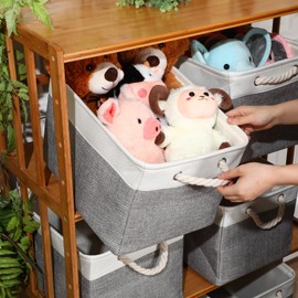 meekoo 8 Pack Collapsible Storage Bins Fabric Storage Bins Polyester Fabric Baskets with Handles Linen Closet Organizer for Shelf Home Closet Towels Toys(17 x 12 x 15 in,Gray White)