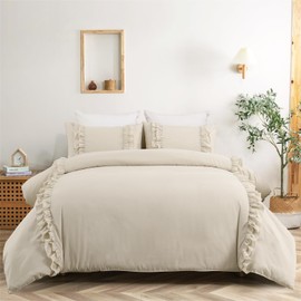 Fondream Ruffle Double Duvet Cover Beige Frills Bedding Set Farmhouse Ruffled Decor Soft Luxury Washed Microfiber with Zipper Closure for Teens and Adults (Beige, 3PCS)