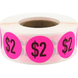 $2 Fluorescent Pink Pricing Sale Circle Stickers, 19 mm 0.75 Inches Round, 500 Labels on a Roll