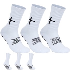 3 Pairs Cross Grip Soccer Socks for US 6-13 - Anti-Slip Christian Socks with Bible Verse, Jesus Sports Sock for Football Training, White, One Size