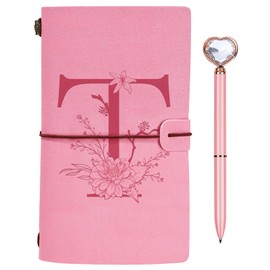 Initials PU Leather Notebook with Pen, Pink Refillable Diary for Women Girls, Travel Diary Sketchbook Notebook Gift for Girlfriend Sisters Teachers Graduation Birthday Christmas T