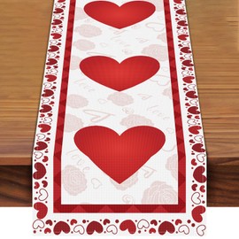 Pedenty Valentine's Day Heart Table Runner 72 x 13 Inch Decorations, Red Linen Burlap Hearts Pattern Table Cover for Romantic Special Night, Anniversaries, Engagement, Kitchen Dining Fireplace Mantel Decor