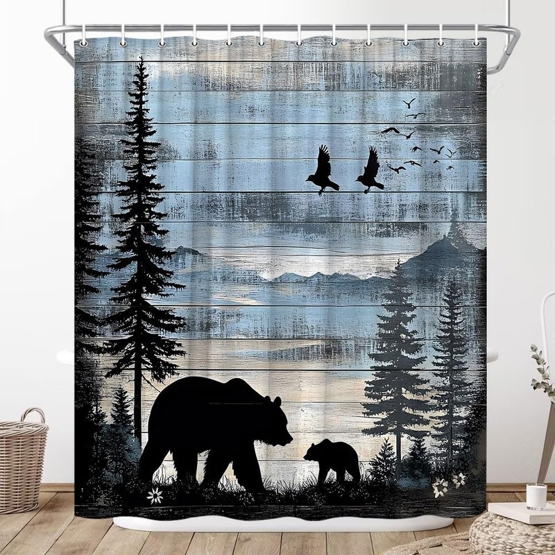 Rustic Forest Bear Shower Curtain Cabin Farmhouse Animal 70x70 inch