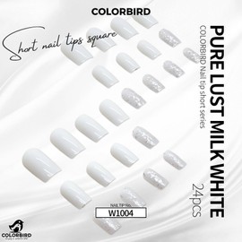 COLORBIRD Nail Tips, Short, 24 Pieces, White, Nail Tips, Short, Cute, Square (W1004)