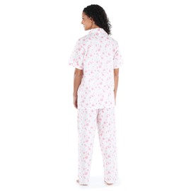 Sleepyheads Women's Poplin Cotton Short Sleeve Button Up Top and Pants Pajama Set, Pant Set - Pink Roses, Small