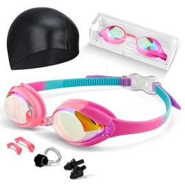 Hurdilen Kids Swim Goggles, Anti-fog and UV Protection with Swimming Cap for Age 3-15 Youth Boys Girls Toddler (Blue & Pink)
