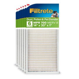 Filtrete 14x30x1 AC Furnace Air Filter, MPR 700, MERV 8, Tough on Pollen, Easy on Airflow, 3-Month Pleated 1-Inch Electrostatic Air Cleaning Filter, 6-Pack (Actual Size 13.81 x 29.81 x 0.81 in)