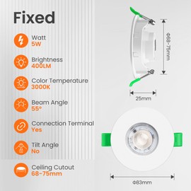 ALUSSO 5 W Recessed Spotlight LED 68 mm Warm White 3000 K Recessed Spotlight LED Flat 25 mm LED Recessed Spotlight 230 V for Kitchen Bathroom Living Room Pack of 6