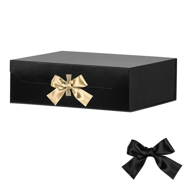 Extra Large Black Gift Box 16x14x5.3 Inches, Big Gift Box with Ribbon, Gift Box with Lid Magnetic Closure, Groomsman Proposal Box, Rectangle Collapsible Gift Boxes for Clothes (Glossy Black)