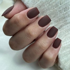 Matte Brown Press on Nails Short Square, Maroon Fake Nails Short Square Nails Press ons, Soft Gel Acrylic Glue on Nails Stick on for Women Fall Winter 24 Pcs