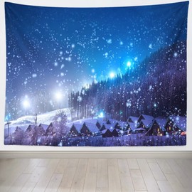 Loccor Winter Village Tapestry 80‘’x60'' Rustic Christmas Village Blue Night Starry Sky Snowfall Snowflakes Tapestry Winter Wonderland Christmas Wall Tapestry for Home Bedroom Living Room Decor
