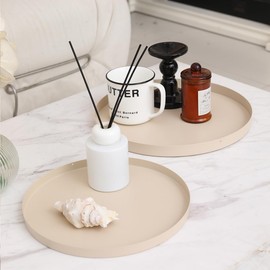 PYSYY 2 Pcs 11.8" and 9.8" Round Beige Metal Tray, Coffee Table Candle Holder & Decorative Serving Tray, Kitchen Counter Organizer for Modern Farmhouse Home Decor (Beige,11.8"+9.8”)