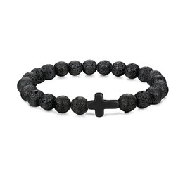 Yocoyee 8MM Ornament Tiger Eye Lava Volcanic Stone Beads Bracelets Turquoise Cross Elastic Stretch Bracelet Bangle for Women Men-Full Black
