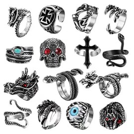 15pcs Rings Set Vintage Snake Skull Shaped Adjust Opening Alloy Jewelry Rings for Women Men