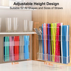 Rycid 9.6” Large Acrylic Straw Holder for Cabinet Door, Reusable Adjustable Two-Part Straws Organizer with Ultra Sticky Adhesive Strips, 2026 Straw Storage for Kitchen Cupboard