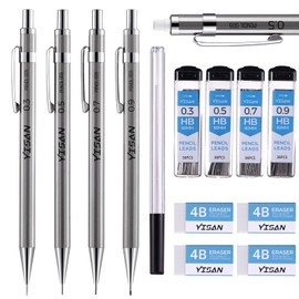 YISAN Juego de 4 lápices mecánicos de metal, HB 0,3 y 0,5 y 0,7 y 0,9 mm, accesorios de oficina para escuela, escritura, dibujo, bocetos, 70726