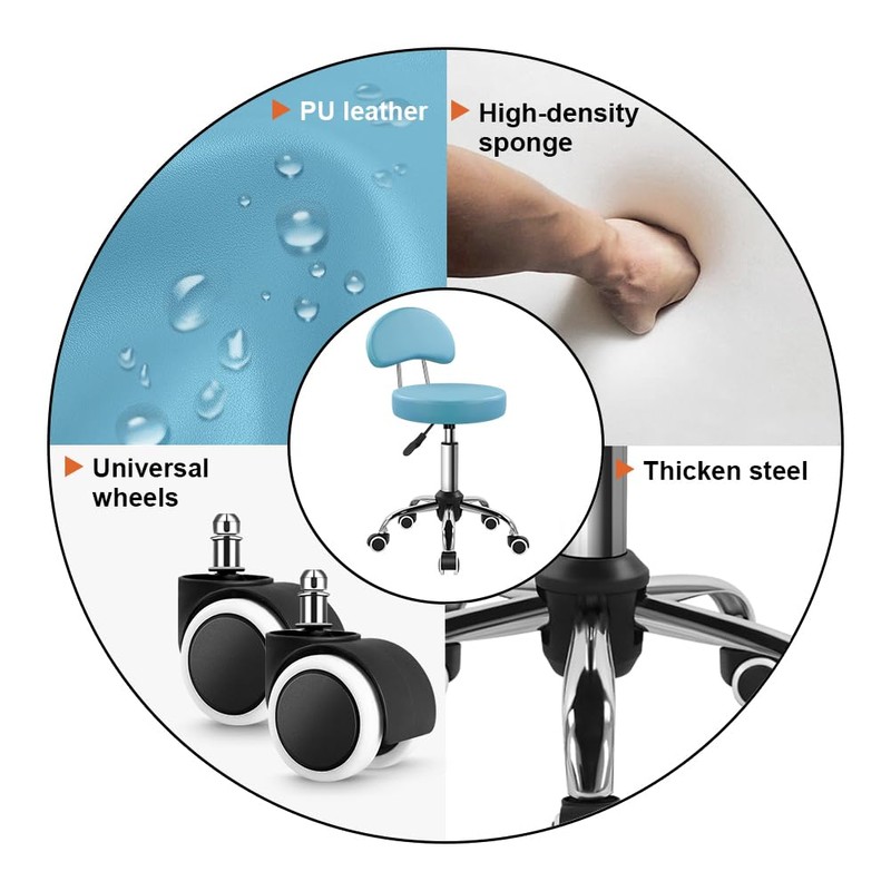 KKTONER Rolling Stool with Mid Back Height Adjustable Chair PU