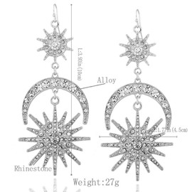 Exaggerated Luxury Sun Moon Stars Drop Earrings Rhinestone Bohemian Earrings for Women Jewelry Shine Boho Vintage Statement Earrings (Silver)