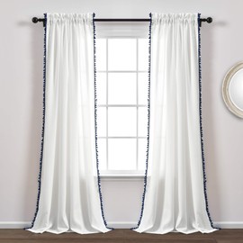 Lush Decor, Navy Pom Curtain | Textured, Solid Color Shabby Chic Style Window Panel for Living, Dining Room, Bedroom (Single), 95” x 50 White, 95" x 50"