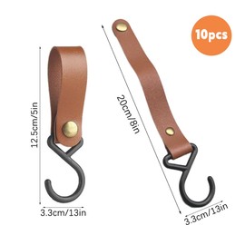 Mecmbj Hooks for Hanging, Pack of 10 S Hooks for Clothes Rail, S Hooks with Leather Loop, Clothes Rail, Leather S-Hooks for Pots and Pans, Clothing, Hats, Towels, Kitchen (Brown)