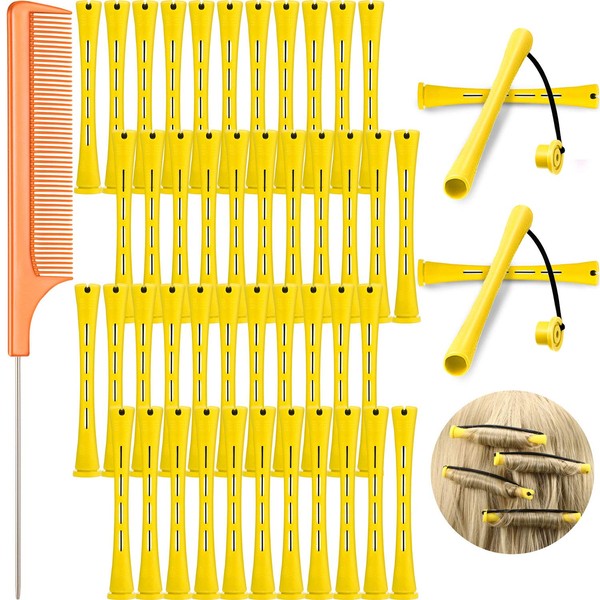 48 Pieces Hair Wave Bars, Cold Wave Bars, Plastic Perming Rods, Heat-Free Hair Curlers with Steel Rat Tail Comb Skewer Comb (Yellow and Orange, 0.28 Inches/0.7 cm)