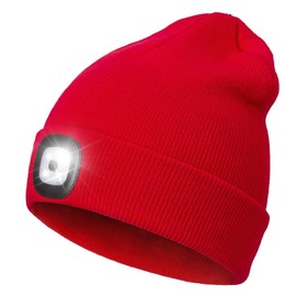 LED Beanie with The Light, Unisex USB Rechargeable Headlamp Hat Winter Knitted Night Lighted Cap Flashlight Women Men Gifts for Dad Him Husband (Red)