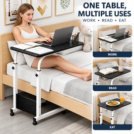 Rolling Overbed Table for Bed & Couch – Height Adjustable Mobile Laptop Cart for Reading, Eating and Working