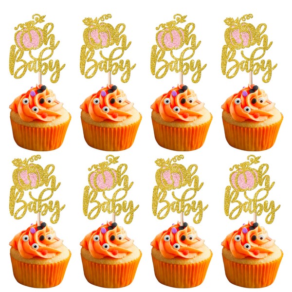 Paquete de 24 adornos de calabaza, Oh, para cupcakes, diseño de otoño, diseño de calabaza, diseño de otoño, decoración de tartas para fiestas de cumpleaños, decoración de tartas de color dorado