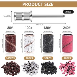 Pack of 310 Sanding Caps Nail Cutter, Sanding Sleeves Nail Cutter, Nail Cutter Attachment Set, 80/120/180/240 Grit Professional Sanding Belts Nail Cutter for Nail Art Manicure, with 2 Nail Bits