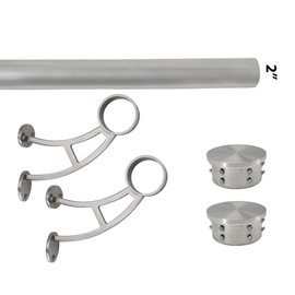 Top Hardware Solid Bar Mount Foot Rail Kit (Custom-Made), Brushed Stainless Steel Tubing (2 in OD, 6 ft = 72 in x 1 Long), Bar Mount Foot Rail Bracket, Flat End Cap