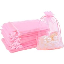 200 Bolsas de organza10*15cm Bolsas pequeñas para dulces Bolsas de regalo de malla transparente con cordón Ideal para regalo de joyería, fiesta, regalo con cordón Rosa