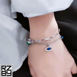Double Layer Evil Eye Charm Bracelet, Waterproof Stainless Steel, Razzberry Designer Jewellery for Women, 18cm + 5cm Extension, Blue Crystal Zirconia, included Gift Pouch (Silver)