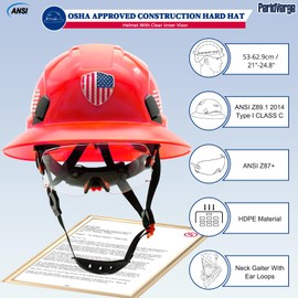 PerldVerge Full Brim Hard Hats Construction OSHA Approved with Visor -Red Casco De Construccion Hardhats Men,OSHA Approved Hard Hat with Chin Strap for Women,Worker Hat with Neck Gaiter,Type 1 Class C