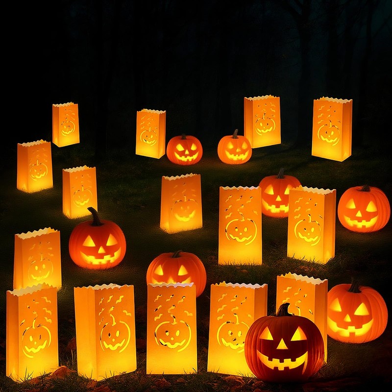 Honoson 24 Pcs Halloween Luminary Bags Fire-Retardant Material Pumpkin Orange