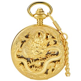 Alwesam Dragon 3D Pattern Design Quartz Pocket Watch with Chain Best Gifts for Men Women(gold-17)