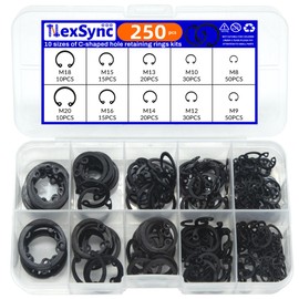 NexSync 250pcs C Type Internal Circlip Hole Clip Snap Ring Mix M8 M9 M10 M12 M13M14 M15 M16 M18 M20 Kit Set Black 65mn Steel Shaft Retaining