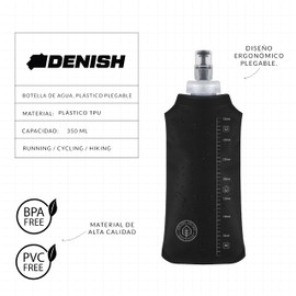 Botella de agua, soft flask, bolsa de agua de plástico plegable ideal para correr ciclismo triatlón senderismo. Soft water bottle for running cycling triathlon hiking. (Negro - 350ml)