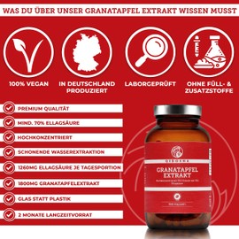 QIDOSHA® Pomegranate Extract Capsules High Dosage, 70% Ellagic Acid, 180 Pieces/Glass, 75:1 Premium Extract with 1800 mg Pomegranate Extract per Daily Serving, Vegan, German Production