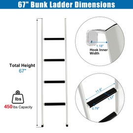 OUTPRIZE Anti-Slip RV Bunk Ladder, 67in Integrated Heavy Duty Steel Camper Bunk Bed Ladder with Anti-Slip Rubber Foot Pads and Hooks - White
