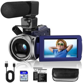 Rawiemy Video Camera Camcorder FHD 1080P 36MP YouTube Vlogging Camera Recorder 3.0 Inch 270 Degree Rotation Screen 18X Digital Zoom Camcorders with Microphone,32GB SD Card and 2 Batteries(Blue)