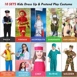Vicenpal 10 Set Dress up Clothes for 3-8 Years Old Washable Construction Policeman Fireman Doctor Chef Gardener Explorer Scientist Soldier Astronaut Costumes for Boys and Girls Role Playing Activities